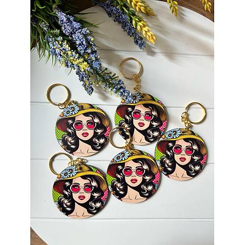 Anne-Kad�n-K�z Pop Art  Temal� Ah�ap Anahtarl�k