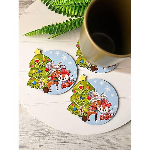 Noel-Yeni Y�l-Y�lba�� �ekilli Mdf Bardak Altl���