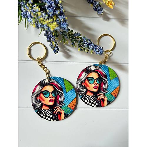 Anne-Kad�n-K�z Pop Art  Temal� Ah�ap Anahtarl�k