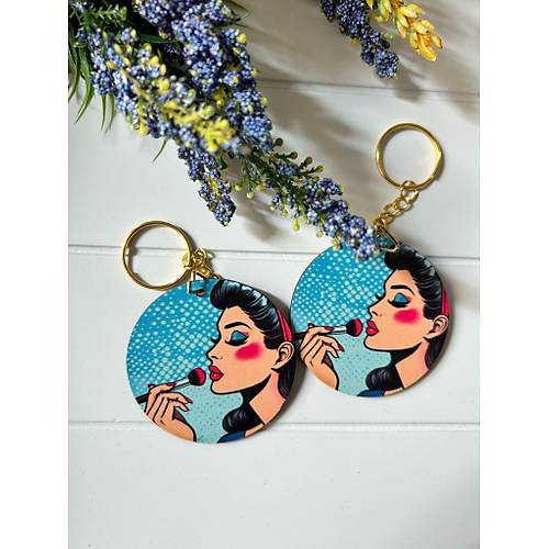 Anne-Kad�n-K�z Pop Art  Temal� Ah�ap Anahtarl�k