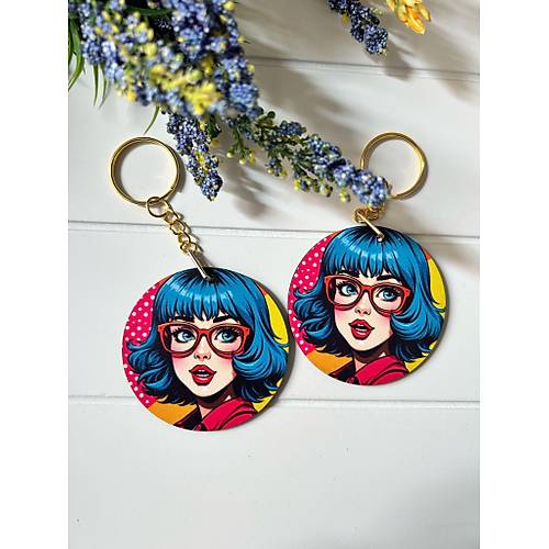 Anne-Kad�n-K�z Pop Art  Temal� Ah�ap Anahtarl�k