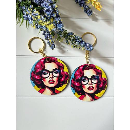 Anne-Kad�n-K�z Pop Art  Temal� Ah�ap Anahtarl�k