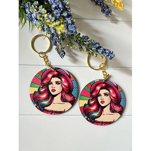 Anne-Kad�n-K�z Pop Art  Temal� Ah�ap Anahtarl�k