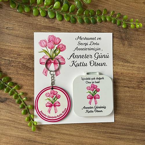 Anneye �zel Lale Desenli Anahtarl�k+Ayna Set