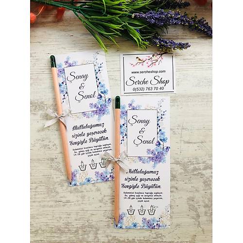 A��k Mavi ve Lila �i�ek Temal�  Tohumlu Kalem