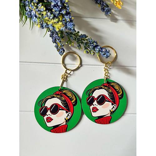 Anne-Kad�n-K�z Pop Art  Temal� Ah�ap Anahtarl�k