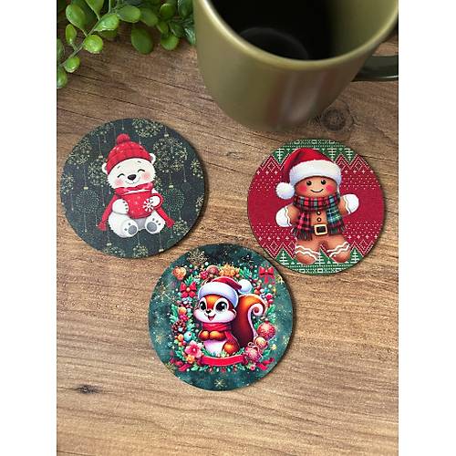 Noel-Yeni Y�l-Y�lba�� Yuvarlak Mdf Bardak Altl���