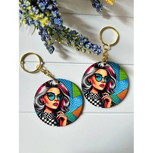 Anne-Kad�n-K�z Pop Art  Temal� Ah�ap Anahtarl�k