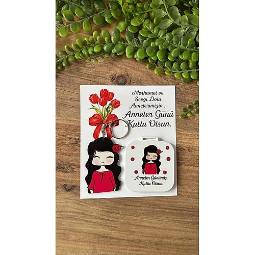 Anneye �zel Anne Yaz�l� Ayna +Anahtarl�k Set