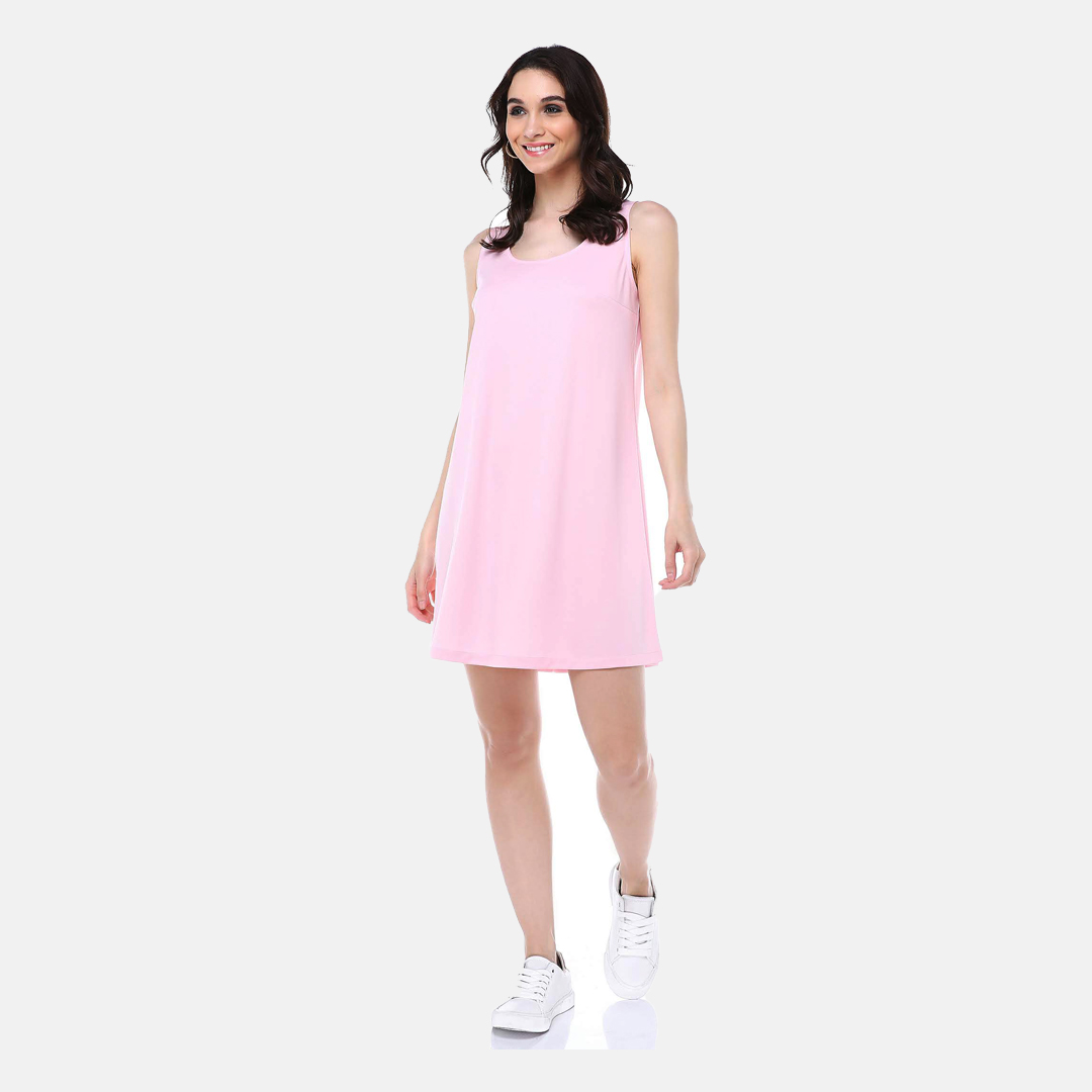 Pembe Renkte Kolsuz Basic Elbise Astarı Tunik