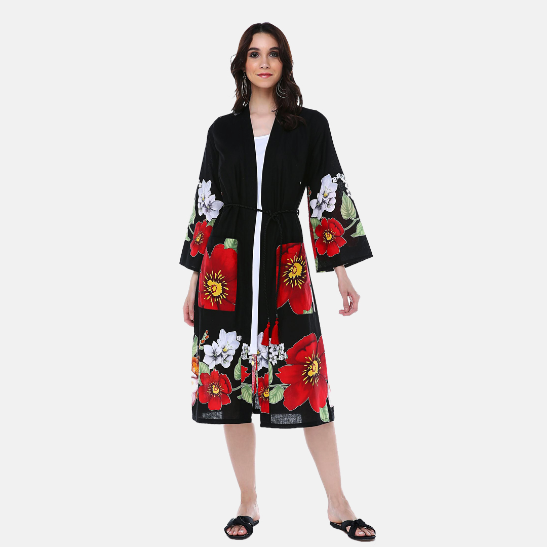 Egzotik Çiçek Desenli Uzun Plaj Elbisesi Kimono Pareo