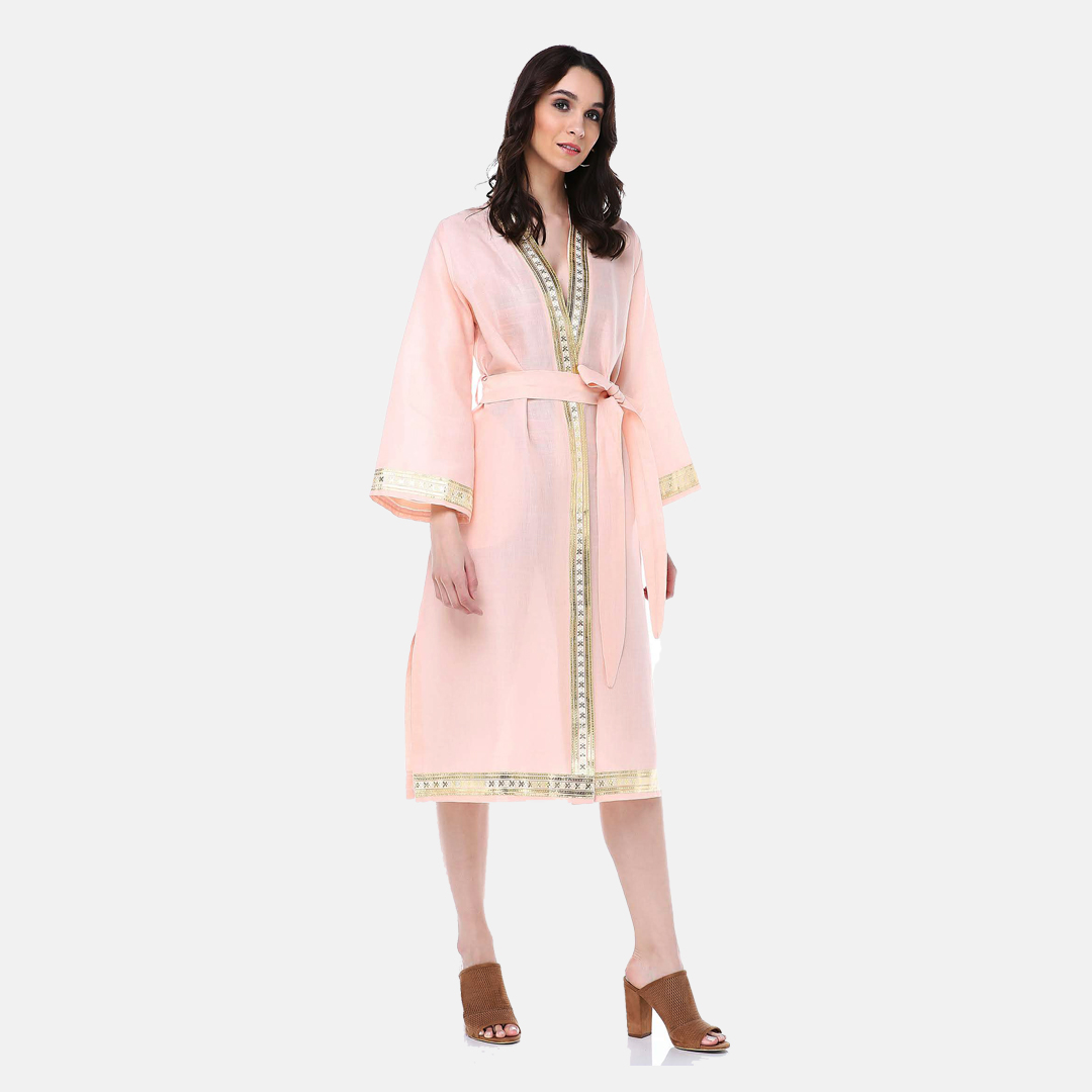 Keten Kumaştan Şık Parlak Aksesuarlı Uzun Bağcıklı Elbise Kimono