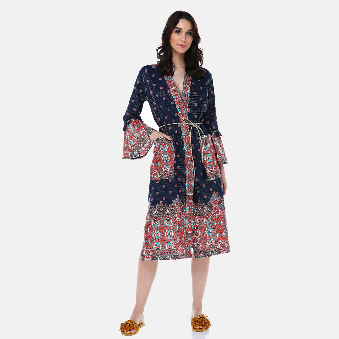 Etnik Desenli Kol Detaylı Yazlık Uzun Kimono