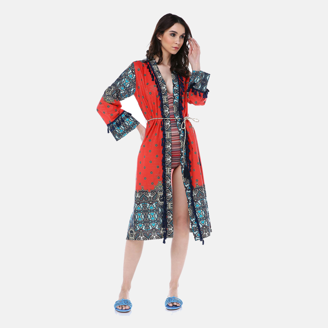 Aksesuar Detaylı Etnik Desenli Kol Detaylı Yazlık Uzun Kimono