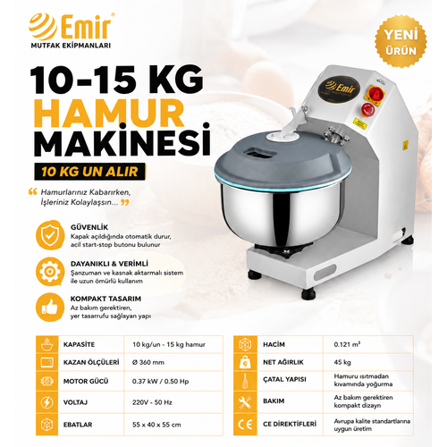 Emir 10 kg Hamur Yo�urma Makinesi � Ev Tipi Profesyonel Ekmek ve Pizza Yo�urma Robotu, G�venlik Kapakl�, �ocuk Dostu Tasar�m