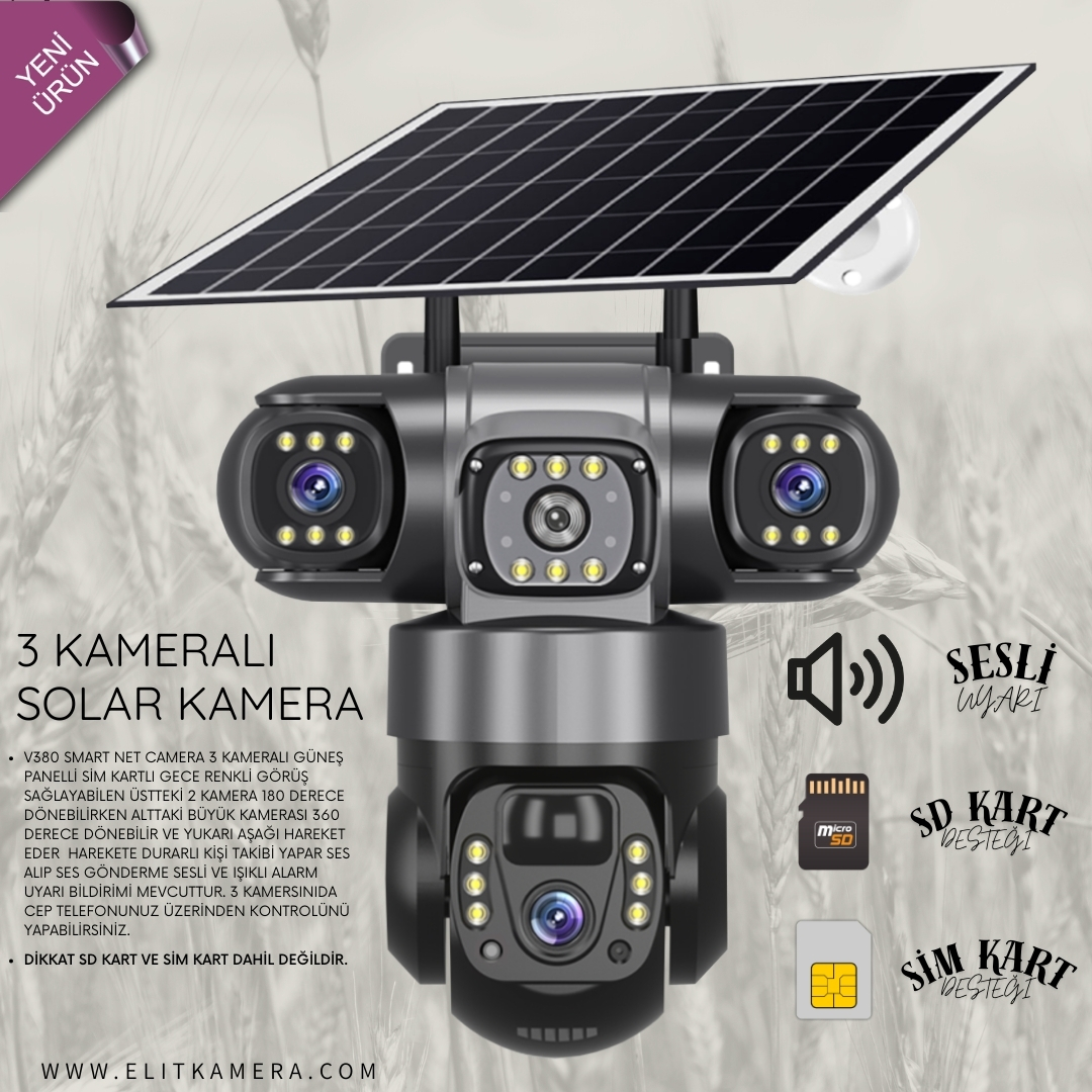 V380 Smart Net 3 Kameralı 6 M.pixel Güneş Panelli Sim Kartlı Solar Kamera
