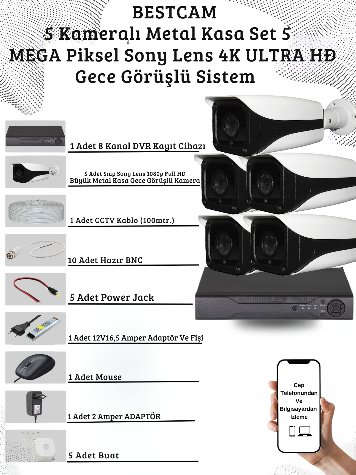 Elit 5 Kameralı Metal Kasa 5 Mega Piksel Sony Lensli 4K Ultra HD Güvenlik Sistemi