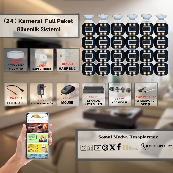 Elit 24 Kameralı Gece Renkli 5 Mega Piksel Sony Lensli 1080P Full HD Güvenlik Sistemi