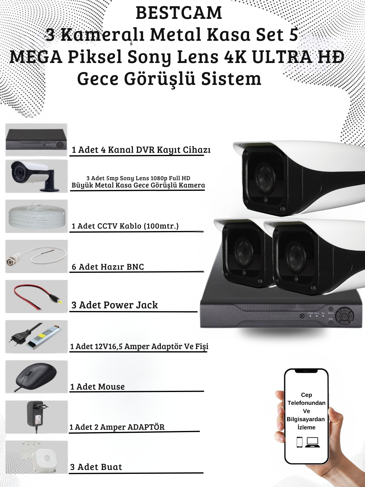 Elit 3 Kameralı Metal Kasa 5 Mega Piksel Sony Lensli 4K Ultra HD Güvenlik Sistemi