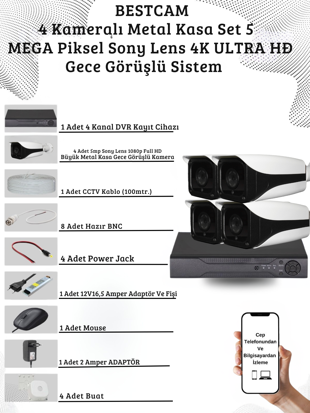 Elit 4 Kameralı Metal Kasa 5 Mega Piksel Sony Lensli 4K Ultra HD Güvenlik Sistemi