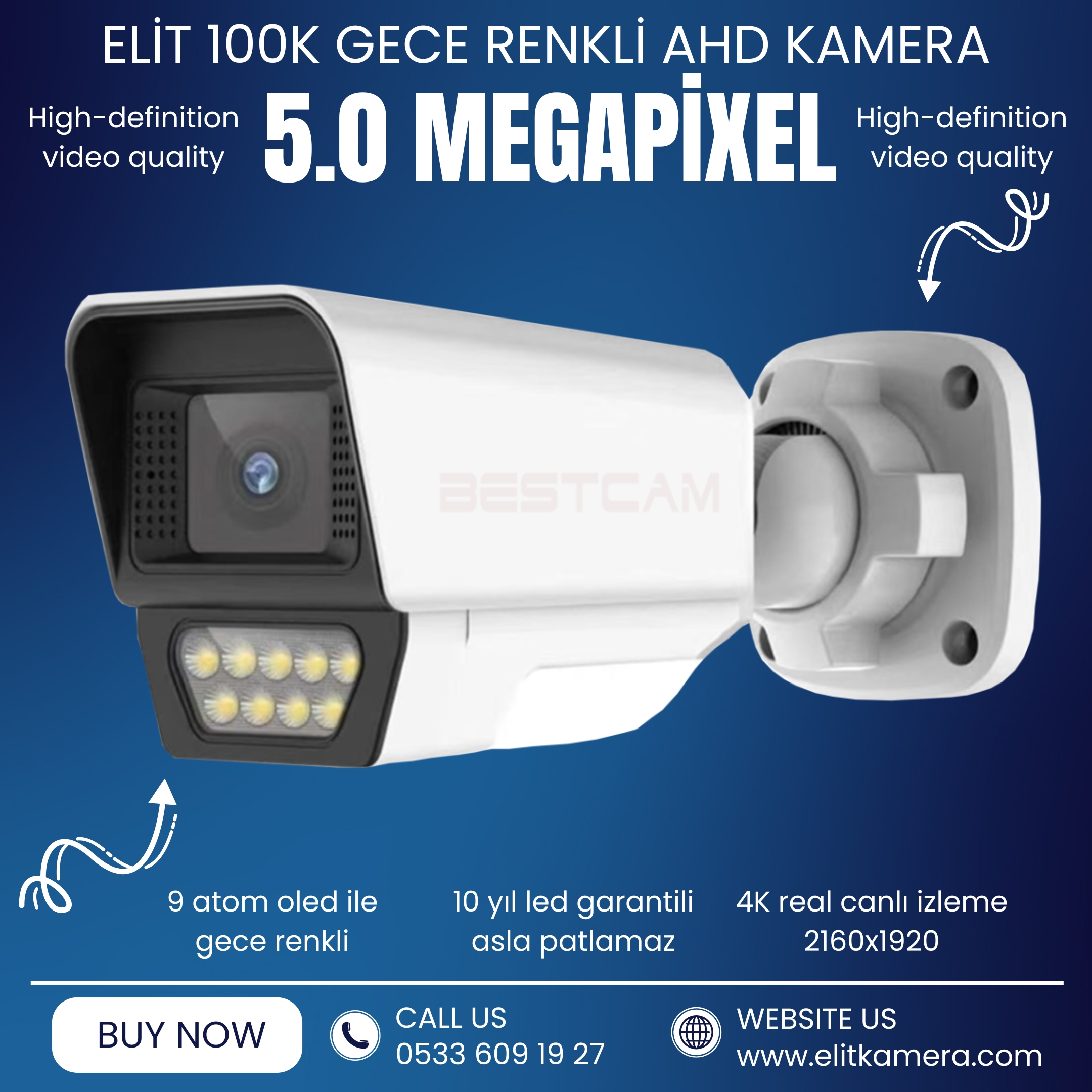 Elit 100K Ahd Warmled Gecegörüşü Renkli kamera 5.0 m.pixel Sony Lens 1080p full hd Su geçirmez