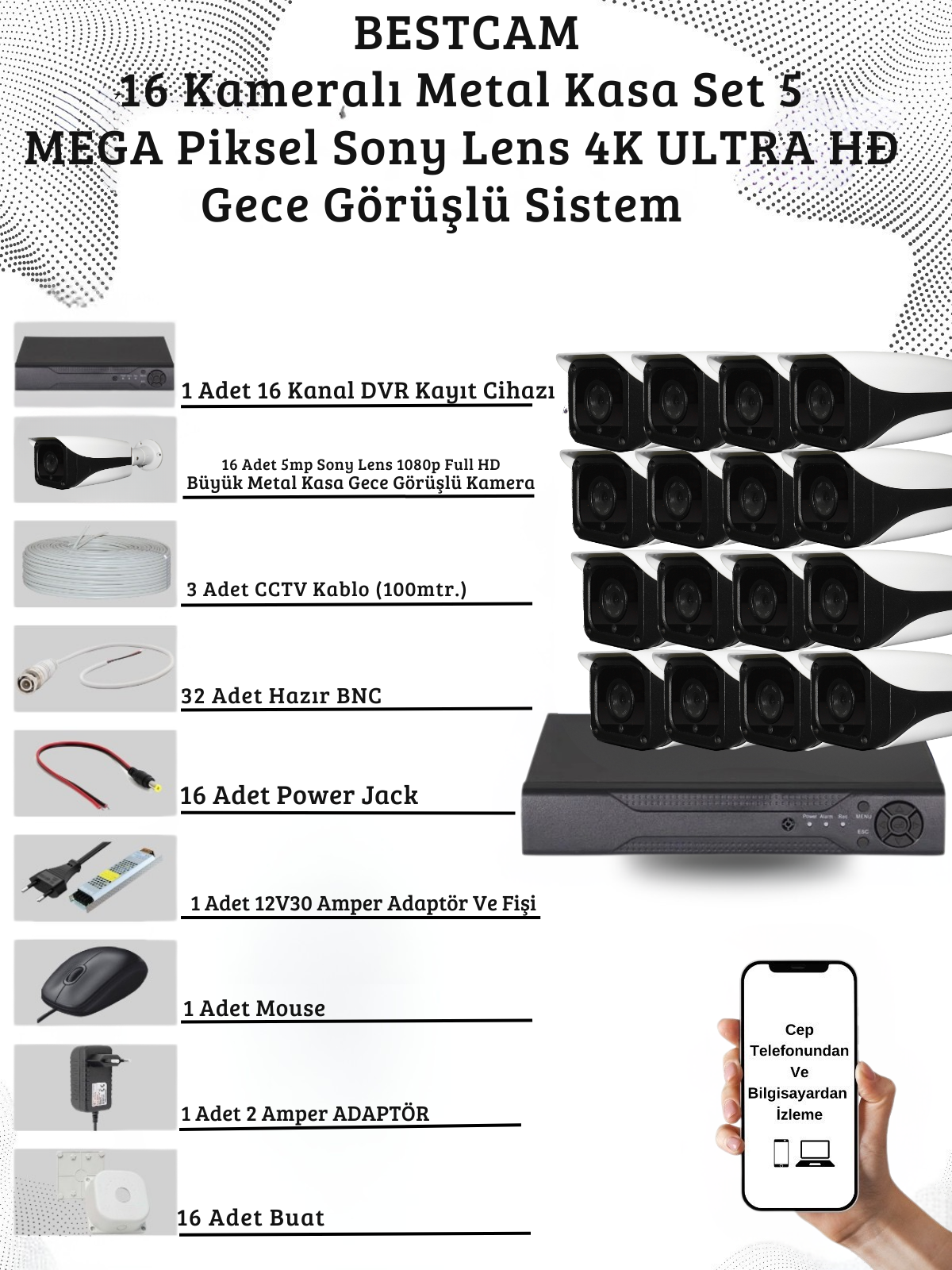 Elit 16 Kameralı Metal Kasa 5 Mega Piksel Sony Lensli 4K Ultra HD Güvenlik Sistemi