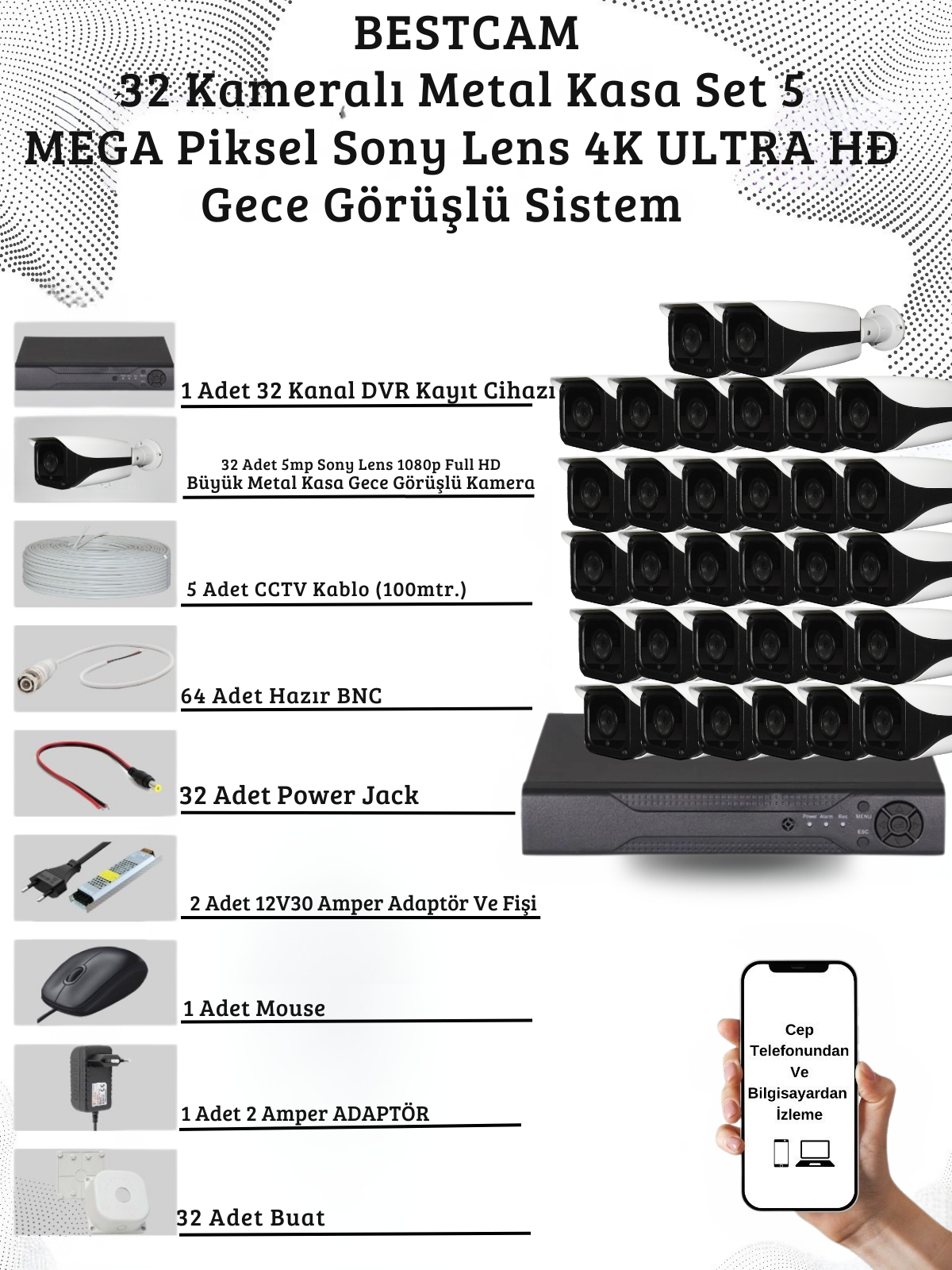 Elit 32 Kameralı Metal Kasa 5 Mega Piksel Sony Lensli 4K Ultra HD Güvenlik Sistemi