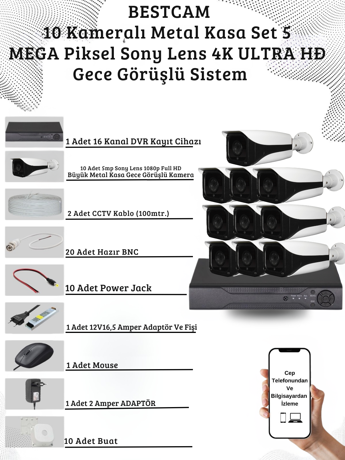 Elit 10 Kameralı Metal Kasa 5 Mega Piksel Sony Lensli 4K Ultra HD Güvenlik Sistemi