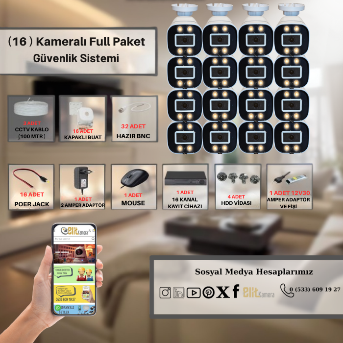 Elit 16 Kameralı Gece Renkli 5 Mega Piksel Sony Lensli 1080P Full HD Güvenlik Sistemi