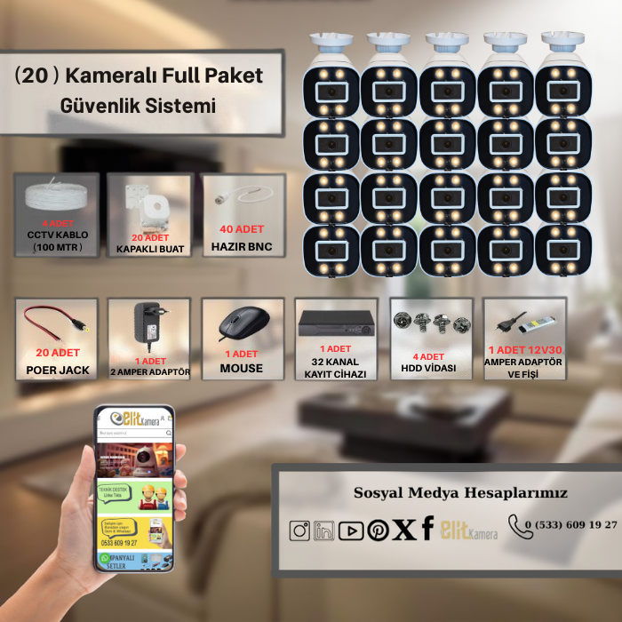 Elit 20 Kameralı Gece Renkli 5 Mega Piksel Sony Lensli 1080P Full HD Güvenlik Sistemi