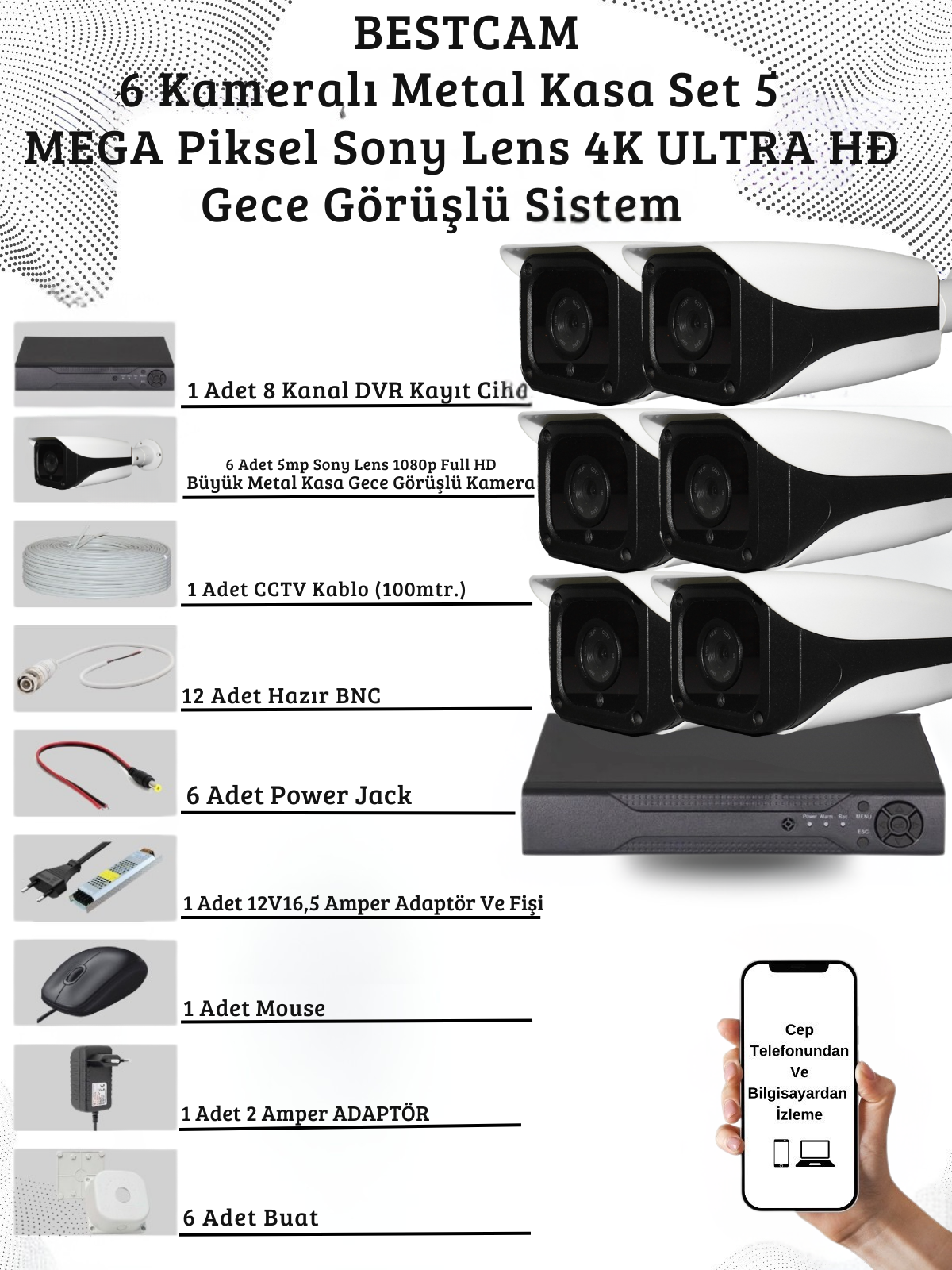 Elit 6 Kameralı Metal Kasa 5 Mega Piksel Sony Lensli 4K Ultra HD Güvenlik Sistemi