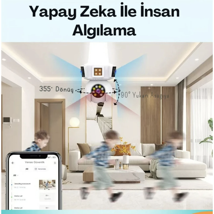 Elit 3 Kameral� Duy Ile �al��an 360� D�nebilir Geni� A�� Hareketi Bildiren Ampul Kamera