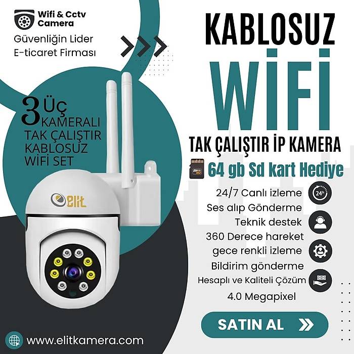 Elit 3 Kameral� Kablosuz Wifi 360 Derece sesli 4 M.p GeceRenkli Tak �al��t�r �p Kamera Seti ( 64GB ) Hediye