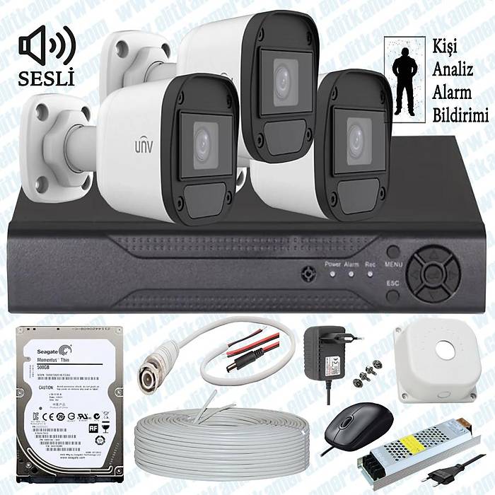 UNV  ( Sesli )  3 Kameral Full Paket Gvenlik Seti Sistemi 500 Gb Hdd Dahil