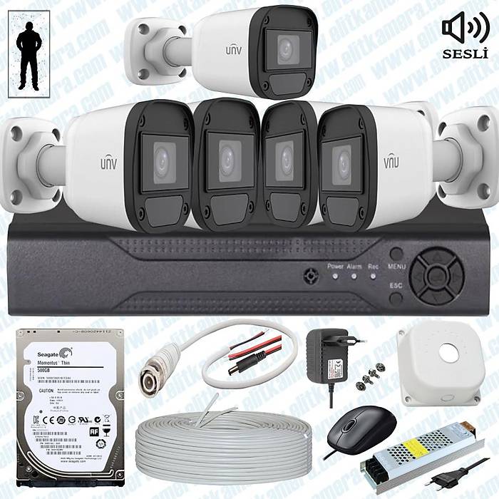 UNV  ( Sesli )  5 Kameral Full Paket Gvenlik Seti Sistemi 500 Gb Hdd Dahil