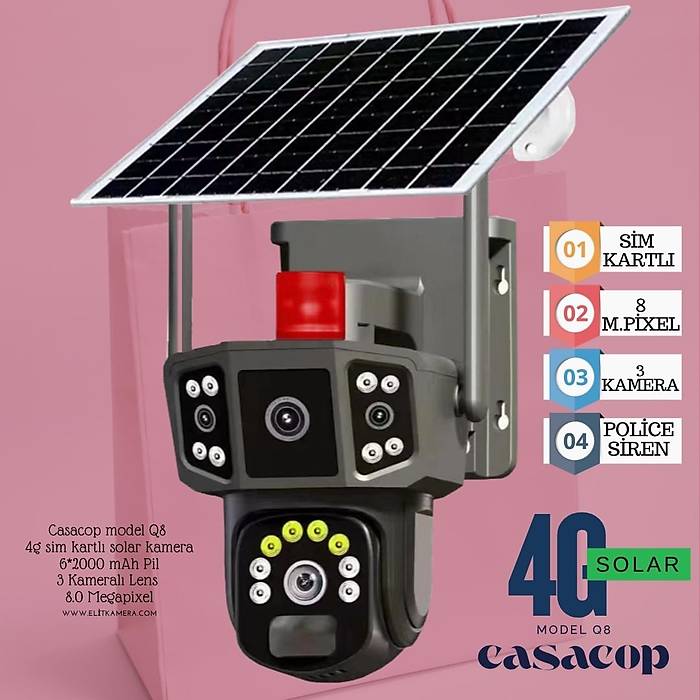 Casacop Model-Q8  3 Kameral� Sim Kartl� Solar Kamera Sesli