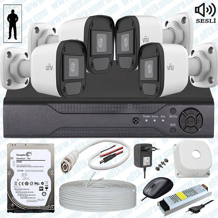 UNV  ( Sesli )  4 Kameral Full Paket Gvenlik Seti Sistemi 500 Gb Hdd Dahil