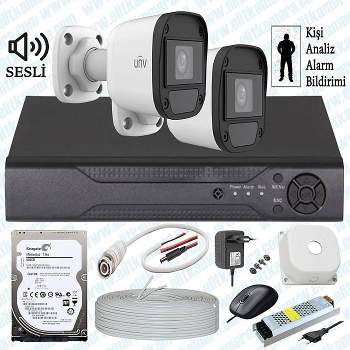 UNV  ( Sesli )  2 Kameral Full Paket Gvenlik Seti Sistemi 500 Gb Hdd Dahil