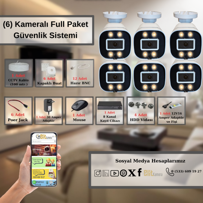 Elit 6 Kameral� Gece Renkli 5 Mega Piksel Sony Lensli 1080P Full HD G�venlik Sistemi