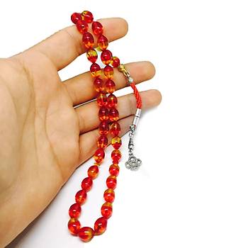 zel Gm Pskl Tasarml Silindir Kesim Srmeli Ate Kehribar Tesbih  (STOK KODU:20171223) 