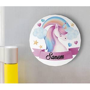 UV Baskılı Ahşap Kız Bebek Magnet - Gökkuşağı, Unicorn