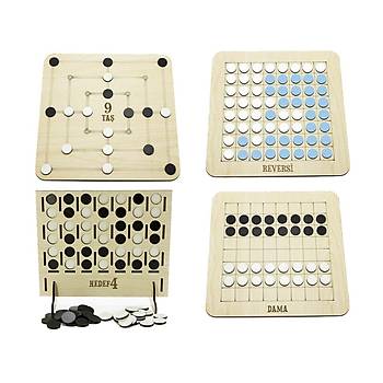 4 Bir Arada Zeka Oyunu Seti - 9 Ta, Dama, Reversi, Hedef 4