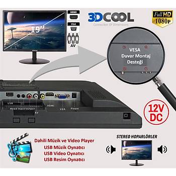 3DCOOL 3D-19AE1 19 1080P HDMI VGA Av USB Ses Vesa