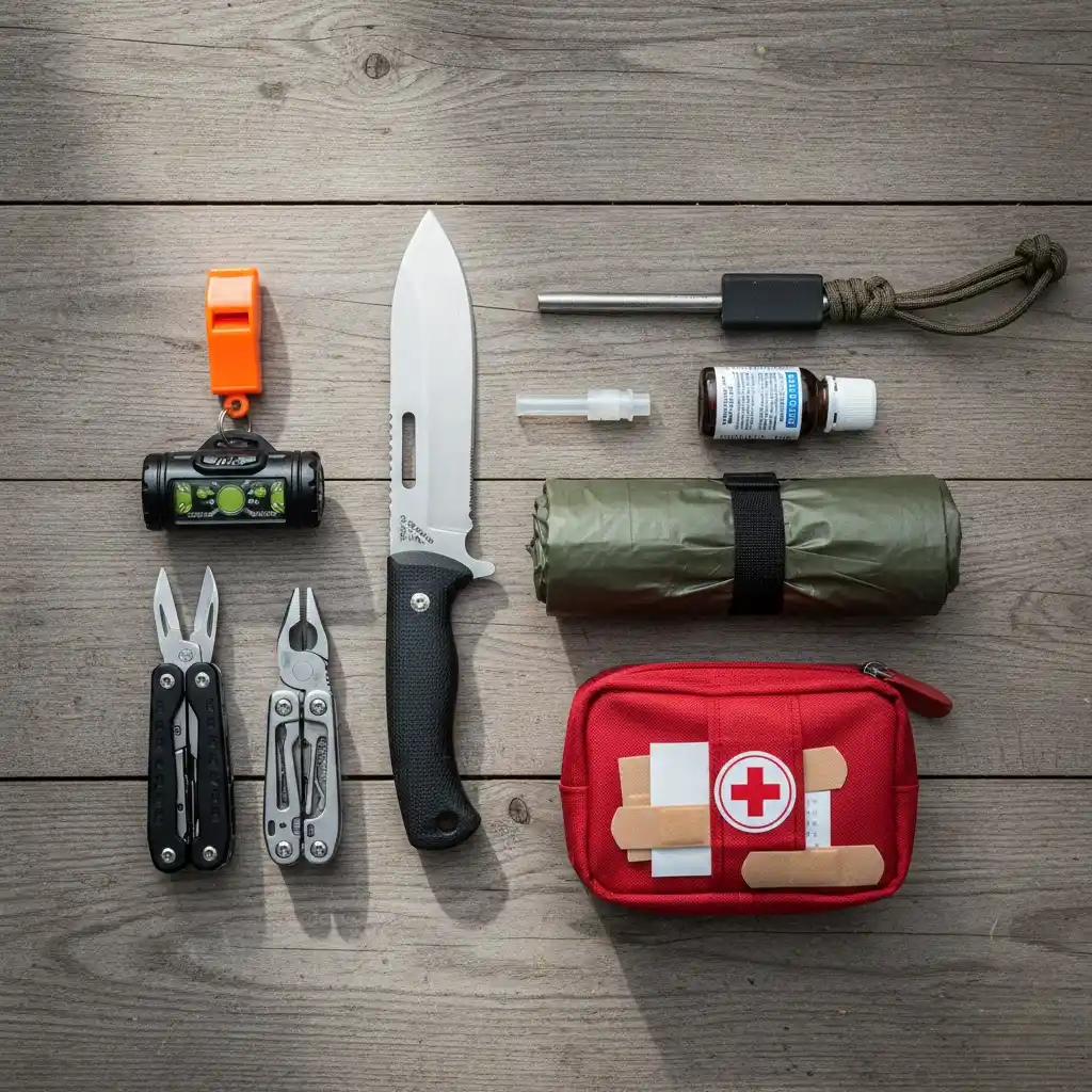 72 saatlik survival kiti par�alar�n�n d�z zeminde d�zenli dizilimi: b��ak, ate� ba�lat�c�, su ar�tma, tarp, d�d�k, kafa lambas�, multi-tool ve ilk yard�m