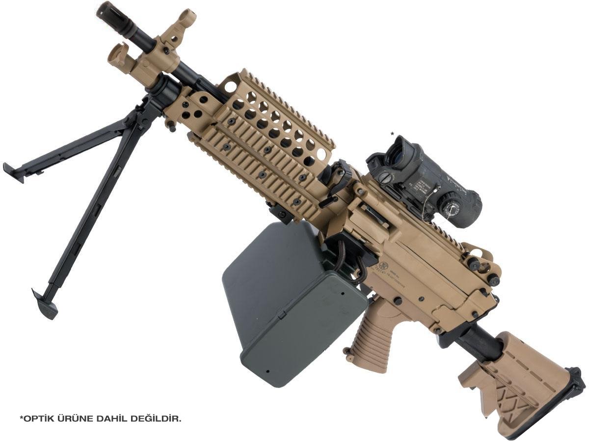 AK FN Herstal Lisanslı M249 Full Metal Gövdeli SAW Makinalı MK46 Airsoft Tüfek - Çöl Rengi