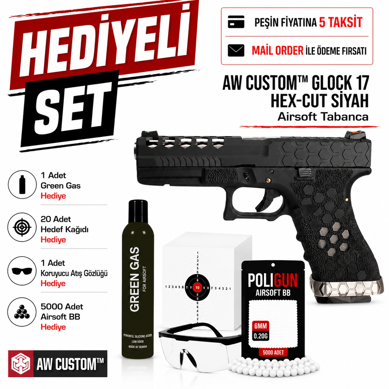 AW Custom Glock 17 HEX-CUT Siyah Airsoft Tabanca (6mm) Fiyatları