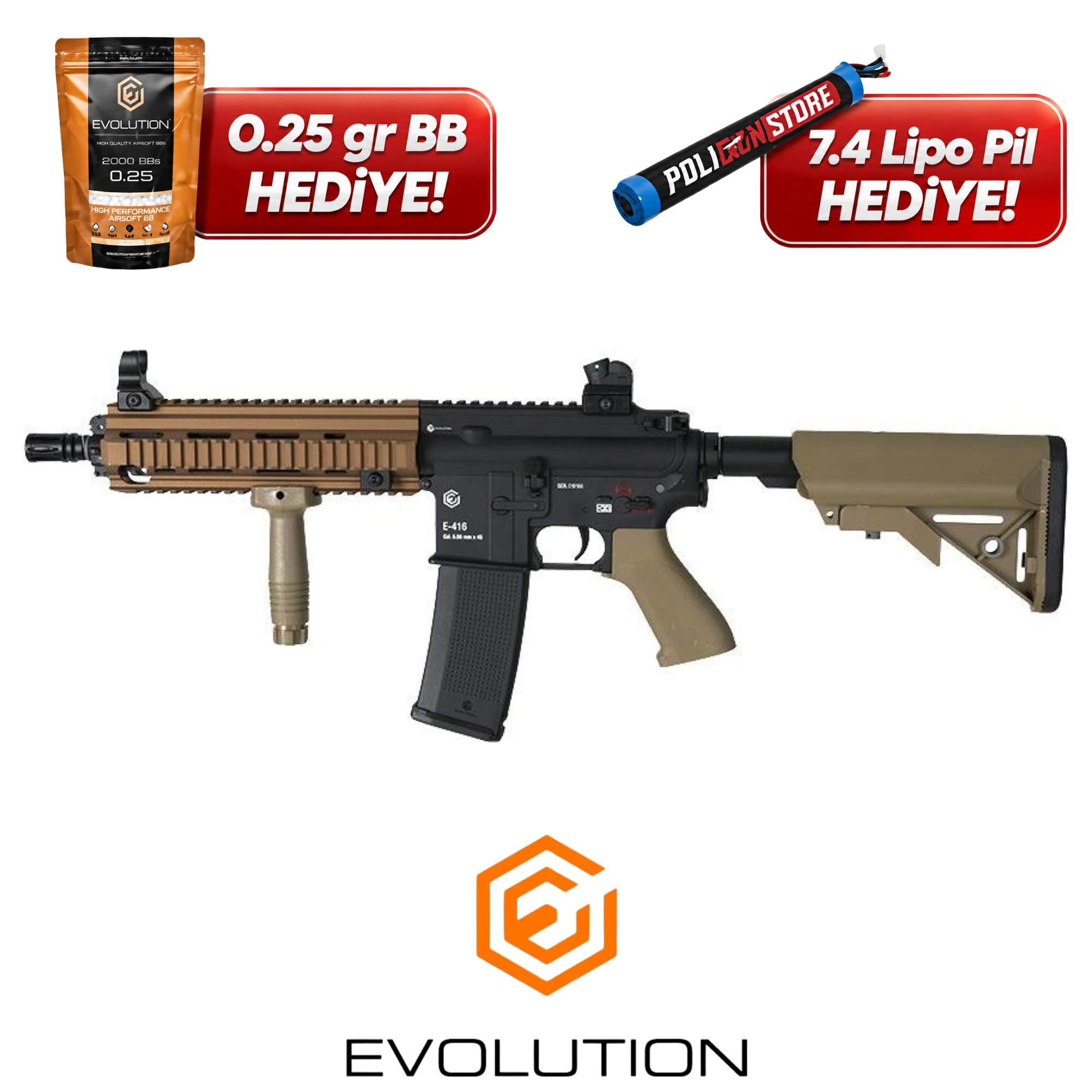 Evolution E-416 DEVGRU ETS BR Airsoft Tüfeği + 7.4v LiPo Pil