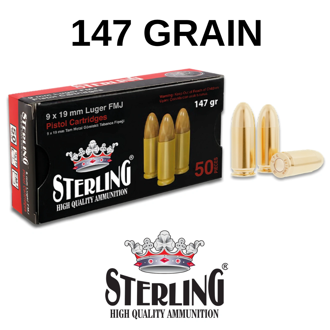 Sterling 9x19 Luger FMJ 147 Grain Tabanca Mermisi