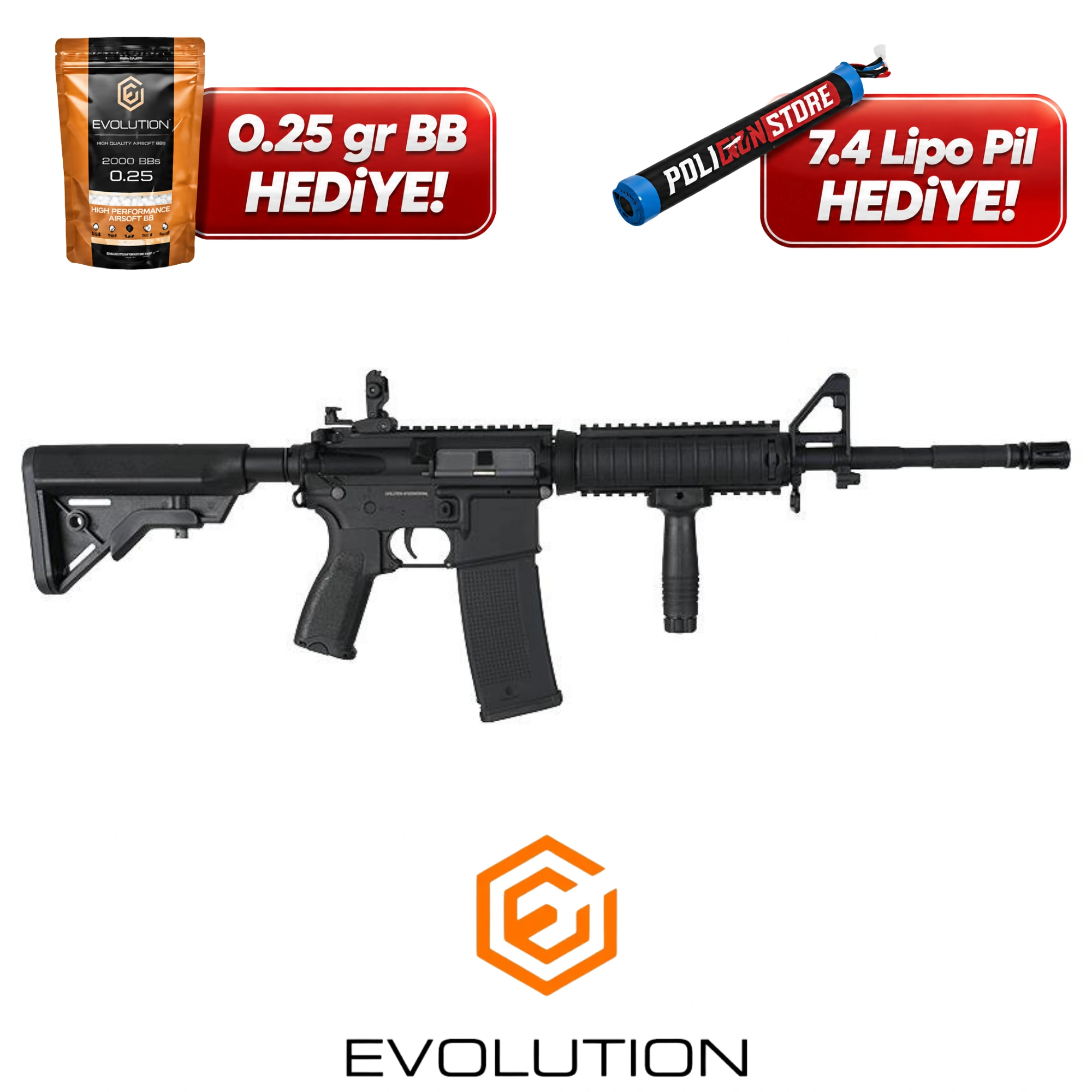 Evolution M4 Recon Superlite SOPMOD Siyah Carbontech Airsoft Tüfeği + 7.4v LiPo Pil