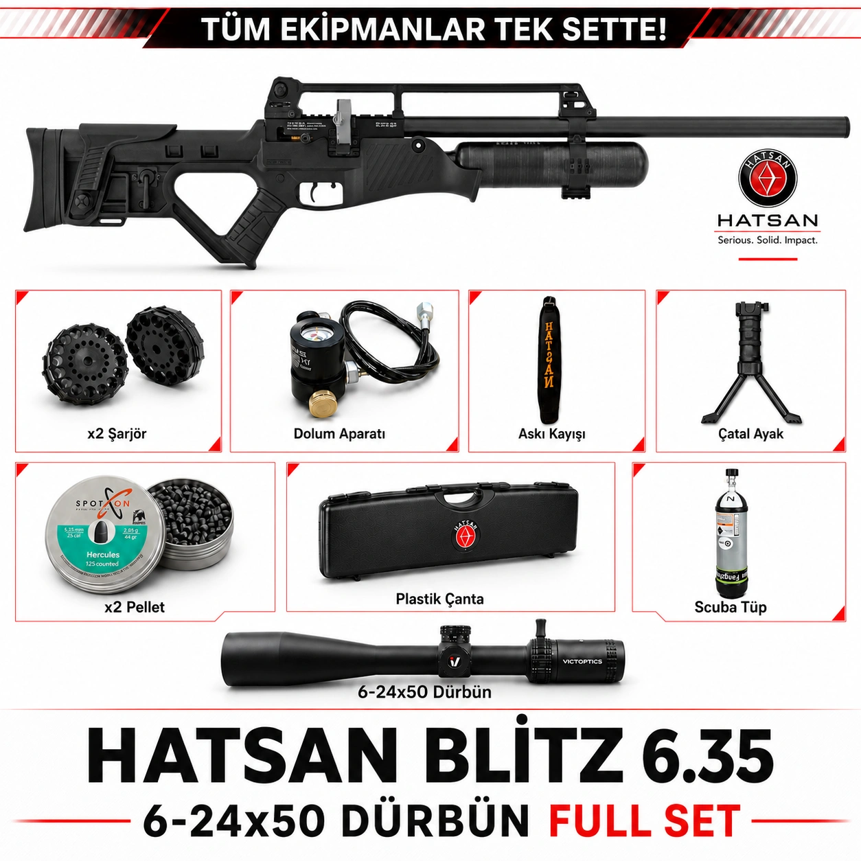 Hatsan Blitz 6.35 PCP Havalı Tüfek Full Set Victoptics S4 6-24x50 Dürbün + Scuba Tüp